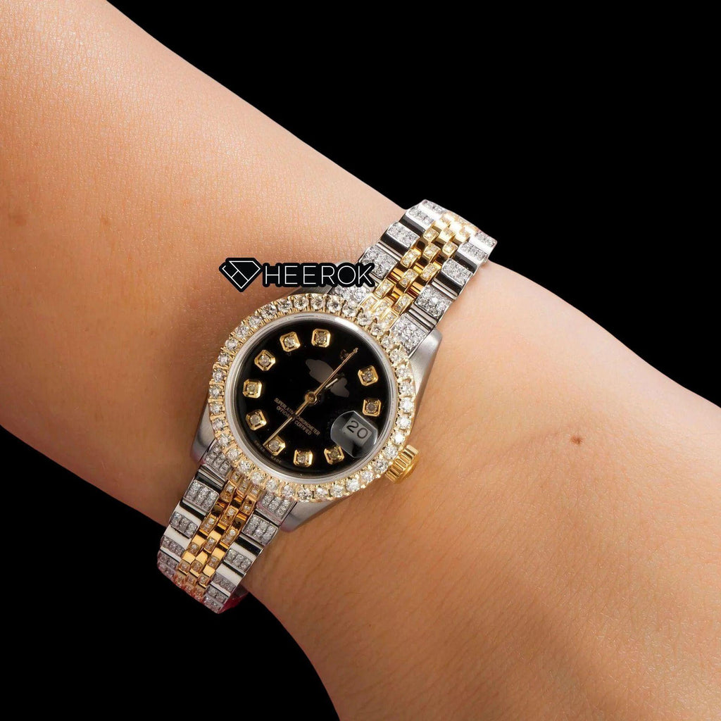 Rolex Datejust Black Dial Diamond Markers Diamond Bezel Two Tone Yellow Gold Fully Iced Moissanite Diamond Jubilee Bracelet For Women