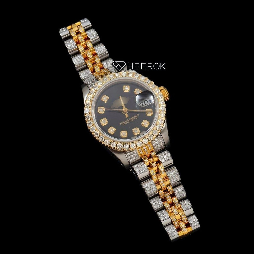 Rolex Datejust Black Dial Diamond Markers Large Diamond Bezel Two Tone Yellow Gold Moissanite Diamond Jubilee Bracelet For Women