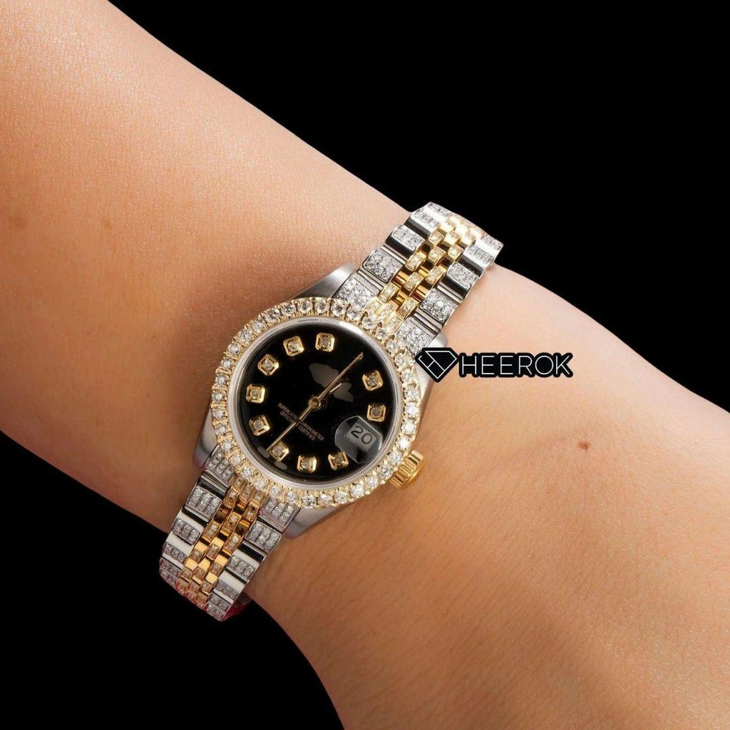 Rolex Datejust Black Dial Diamond Markers Large Diamond Bezel Two Tone Yellow Gold Moissanite Diamond Jubilee Bracelet For Women
