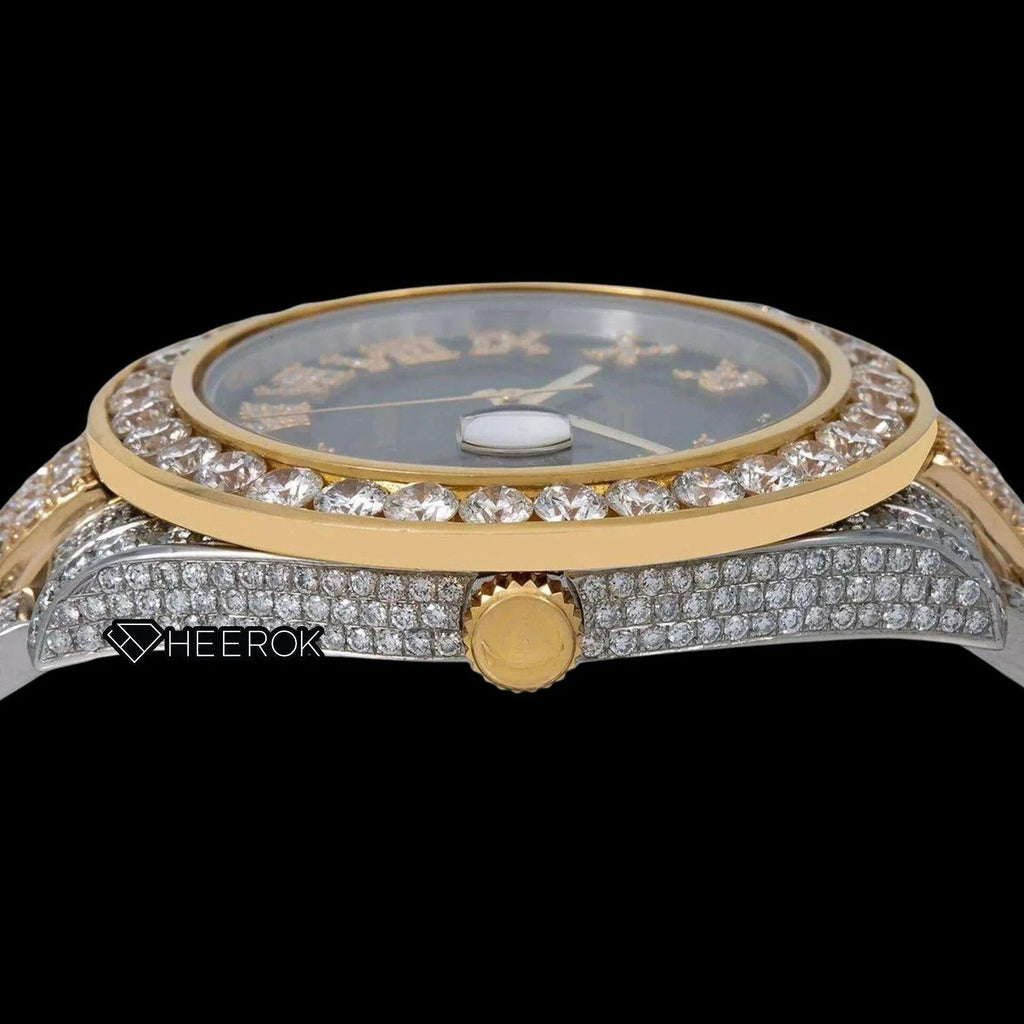 Rolex Datejust Black Dial Roman Diamond Numerals Diamond Bezel Two Tone Yellow Gold Fully Iced Moissanite Diamond Oyster Bracelet