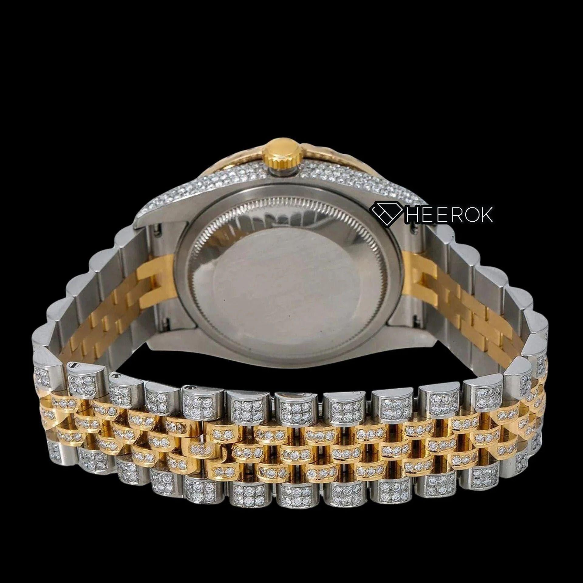 Rolex Datejust Black Dial Roman Diamond Numerals Diamond Bezel Two Tone Yellow Gold Iced Out Moissanite Diamond Jubilee Bracelet For Women