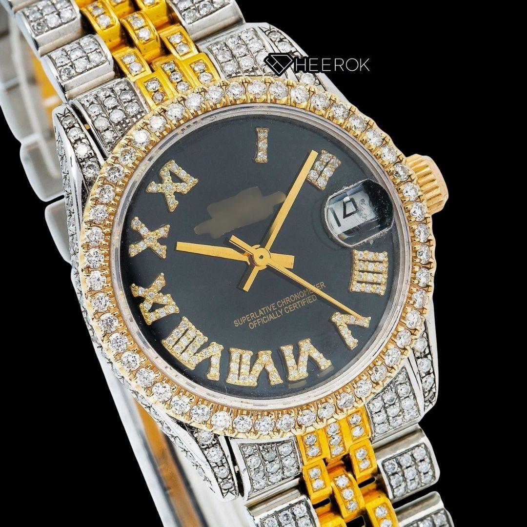 Rolex Datejust Black Dial Roman Diamond Numerals Diamond Bezel Two Tone Yellow Gold Moissanite Diamond Jubilee Bracelet For Women