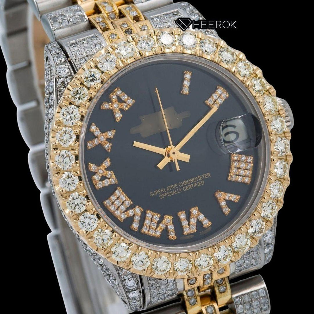 Rolex Datejust Black Dial Roman Diamond Numerals Large Diamond Bezel Two Tone Yellow Gold Moissanite Diamond Jubilee Bracelet For Women
