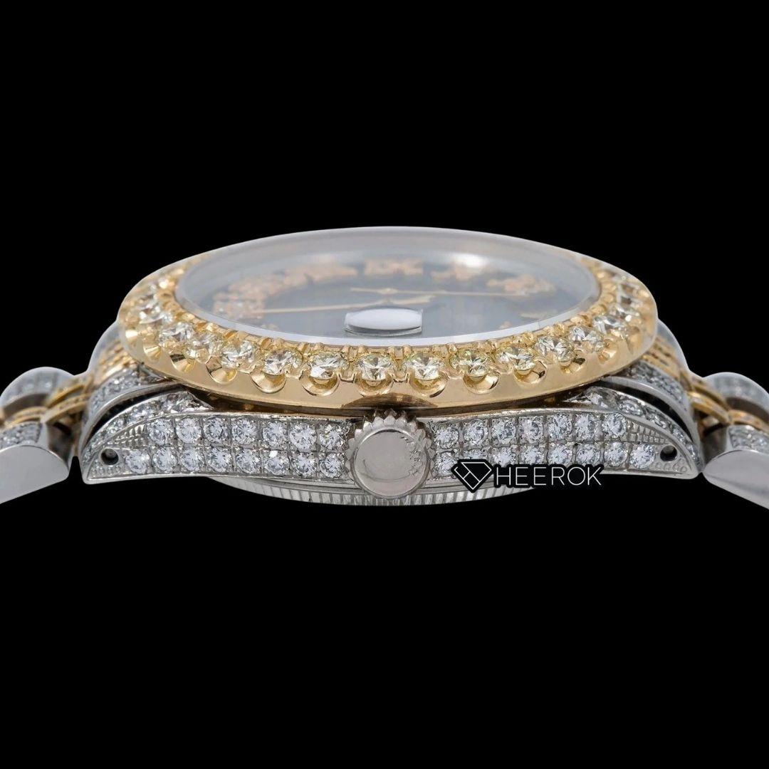 Rolex Datejust Black Dial Roman Diamond Numerals Large Diamond Bezel Two Tone Yellow Gold Moissanite Diamond Jubilee Bracelet For Women
