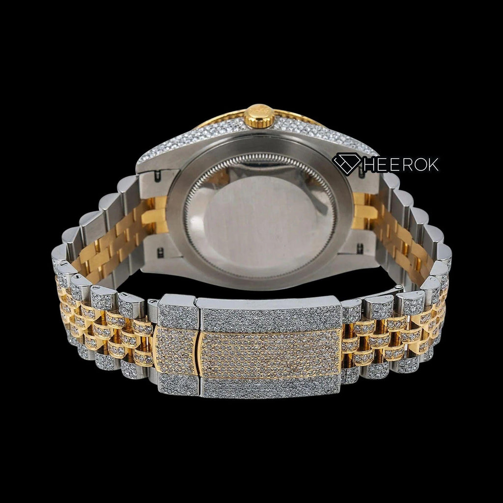 Rolex Datejust Black Dial Roman Numerals Diamond Bezel Two Tone Yellow Gold Moissanite Diamond Jubilee Bracelet Watch
