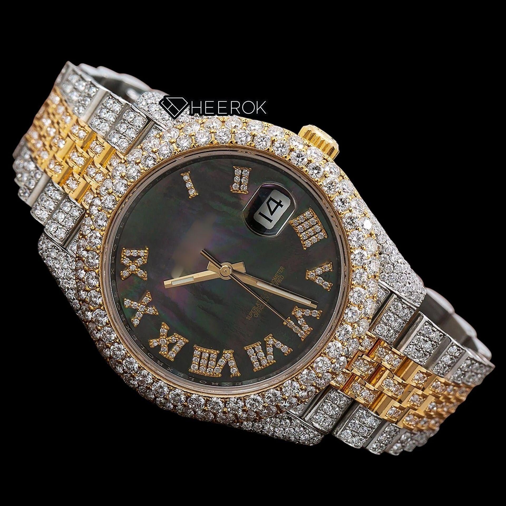 Rolex Datejust Black Dial Roman Numerals Diamond Bezel Two Tone Yellow Gold Moissanite Diamond Jubilee Bracelet Watch