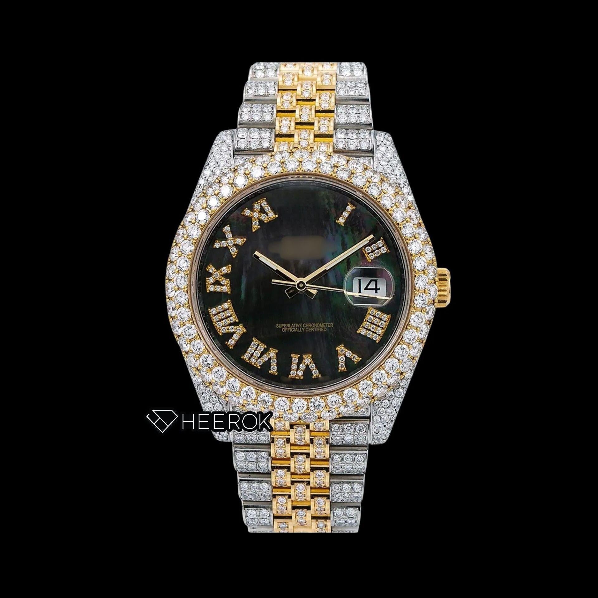 Rolex Datejust Black Dial Roman Numerals Diamond Bezel Two Tone Yellow Gold Moissanite Diamond Jubilee Bracelet Watch
