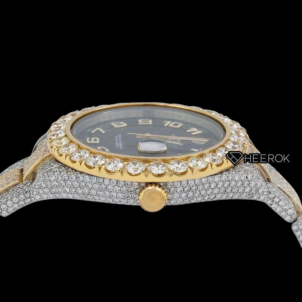 Rolex Datejust Black Dial Standard Numerals Large Round Diamond Bezel Two Tone Yellow Gold Fully Iced Moissanite Diamond Oyster Bracelet Watch