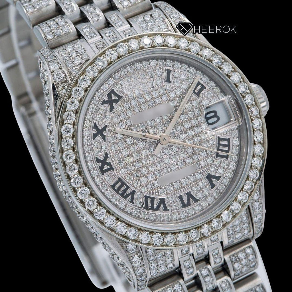 Rolex Datejust Black Roman Numerals Dial Diamond Bezel Fully Iced Moissanite Diamond Jubilee Bracelet For Women