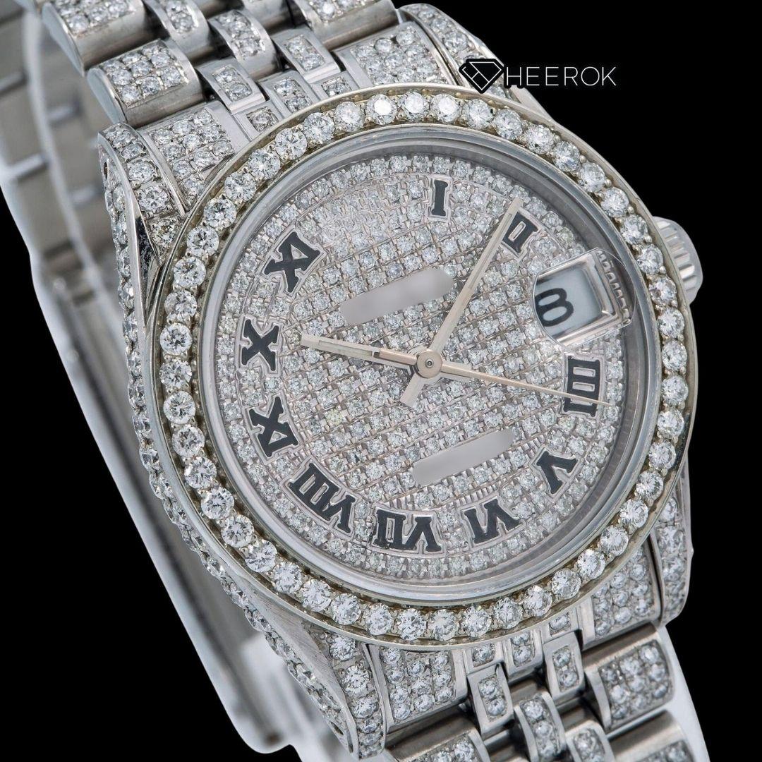 Rolex Datejust Black Roman Numerals Dial Diamond Bezel Fully Iced Moissanite Diamond Jubilee Bracelet For Women