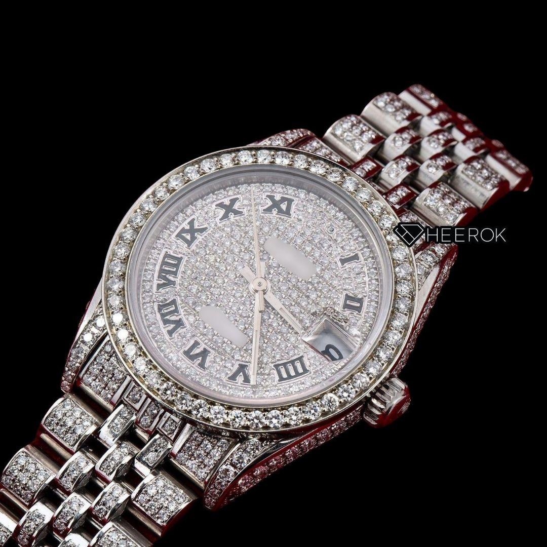 Rolex Datejust Black Roman Numerals Dial Diamond Bezel Fully Iced Moissanite Diamond Jubilee Bracelet For Women