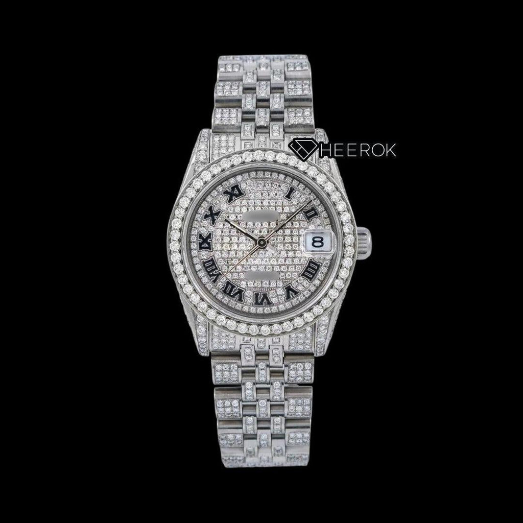 Rolex Datejust Black Roman Numerals Dial Diamond Bezel Fully Iced Moissanite Diamond Jubilee Bracelet For Women