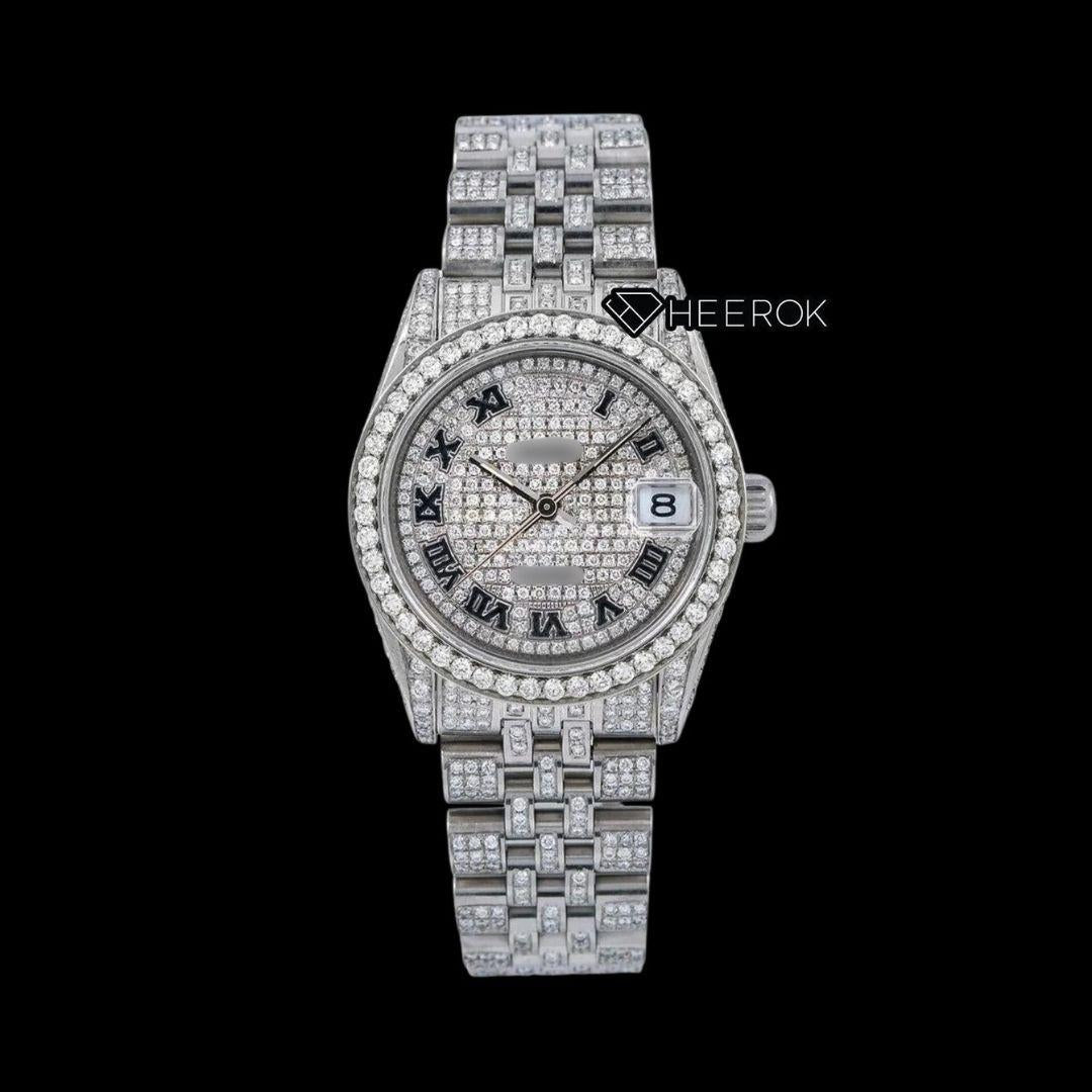 Rolex Datejust Black Roman Numerals Dial Diamond Bezel Fully Iced Moissanite Diamond Jubilee Bracelet For Women