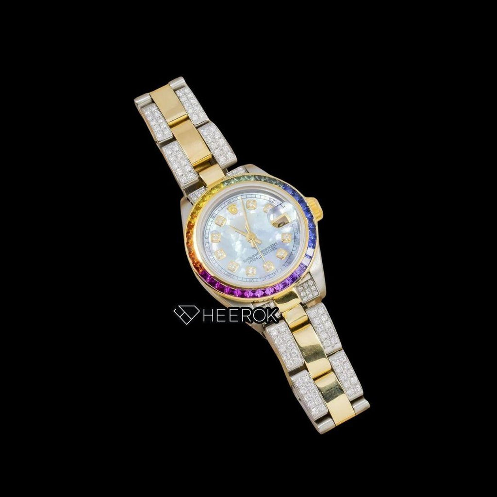 Rolex Datejust Blue Dial Diamond Markers Rainbow Diamond Bezel Two Tone Yellow Gold Moissanite Diamond Oyster Bracelet For Women