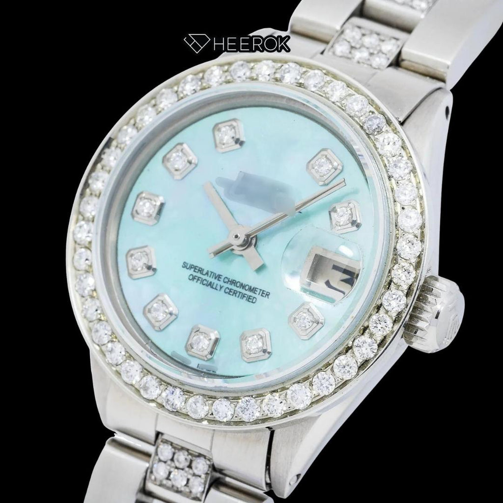 Rolex Datejust Blue Mother of Pearl Dial Diamond Markers Diamond Bezel Semi Iced Moissanite Diamond Oyster Bracelet For Women