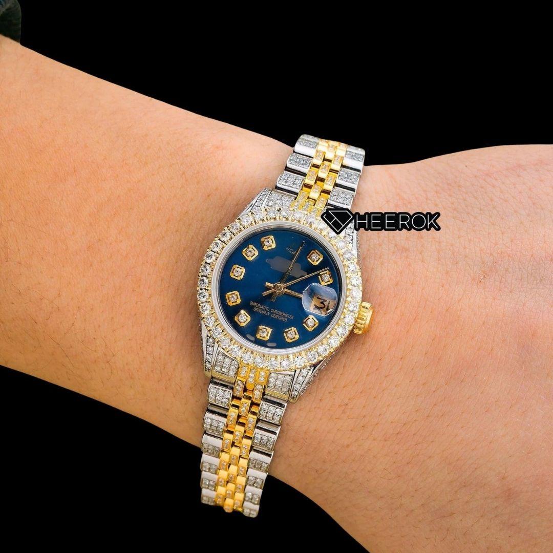 Rolex Datejust Diamond Markers Blue Dial Large Diamond Bezel Two Tone Yellow Gold Moissanite Diamond Jubilee Bracelet For Women