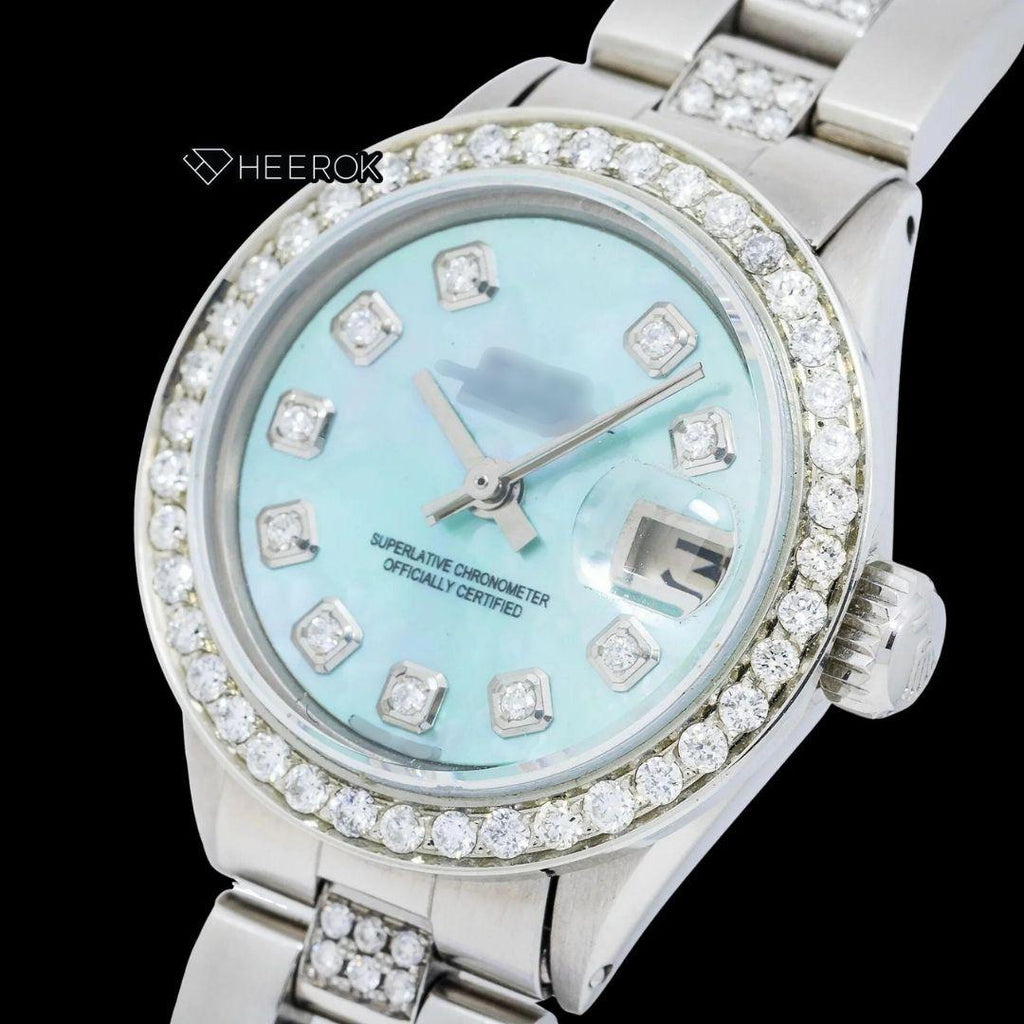 Rolex Datejust Diamond Markers Blue Mother of Pearl Dial Diamond Bezel Semi Iced Moissanite Diamond Oyster Bracelet For Women