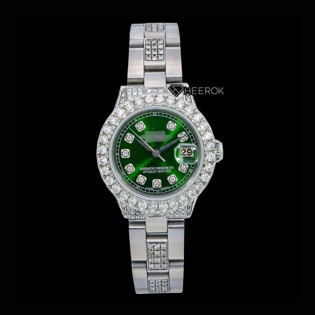 Rolex Datejust Diamond Markers Green Dial Large Diamond Bezel Semi Iced Moissanite Diamond Oyster Bracelet For Women