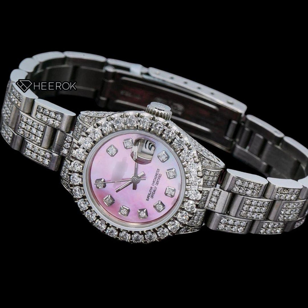 Rolex Datejust Diamond Markers Pink Mother of Pearl Dial Large Diamond Bezel Moissanite Diamond Oyster Bracelet For Women