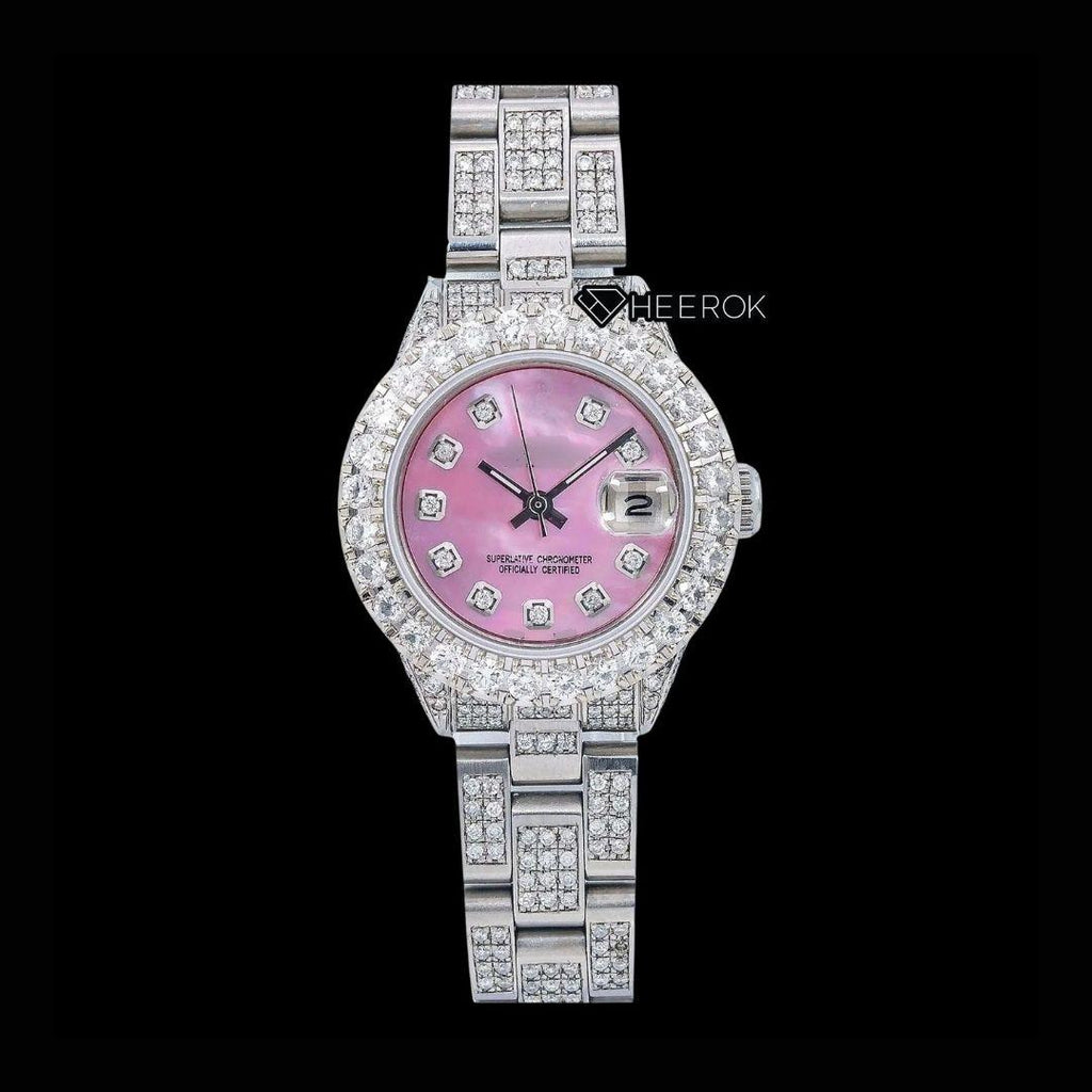 Rolex Datejust Diamond Markers Pink Mother of Pearl Dial Large Diamond Bezel Moissanite Diamond Oyster Bracelet For Women