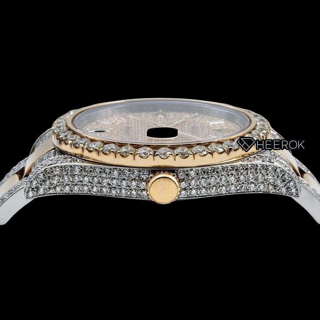 Rolex Datejust Diamond Paved Dial Baguette Diamond Markers Diamond Bezel Two Tone Yellow Gold Moissanite Diamond Oyster Bracelet Watch
