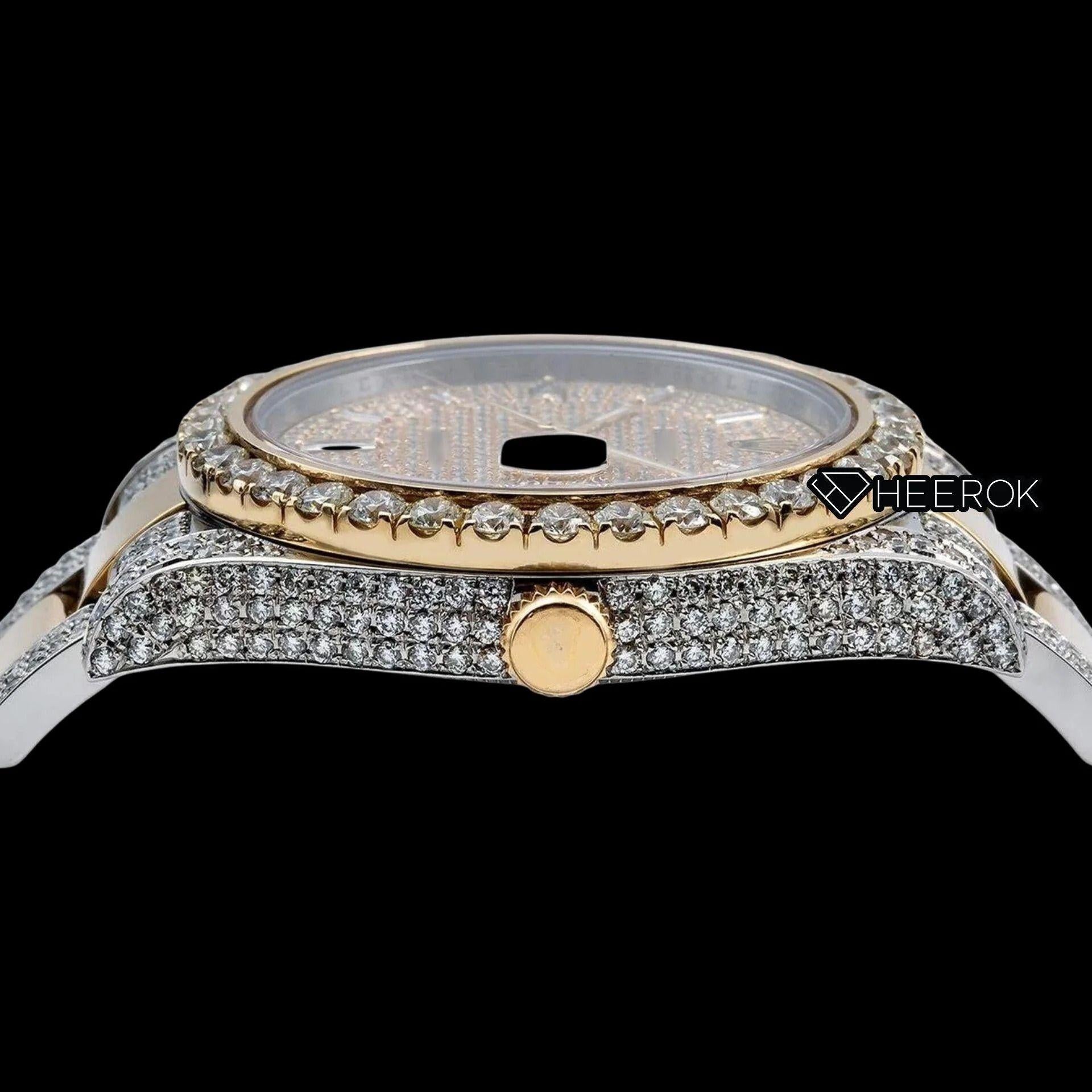 Rolex Datejust Diamond Paved Dial Baguette Diamond Markers Diamond Bezel Two Tone Yellow Gold Moissanite Diamond Oyster Bracelet Watch