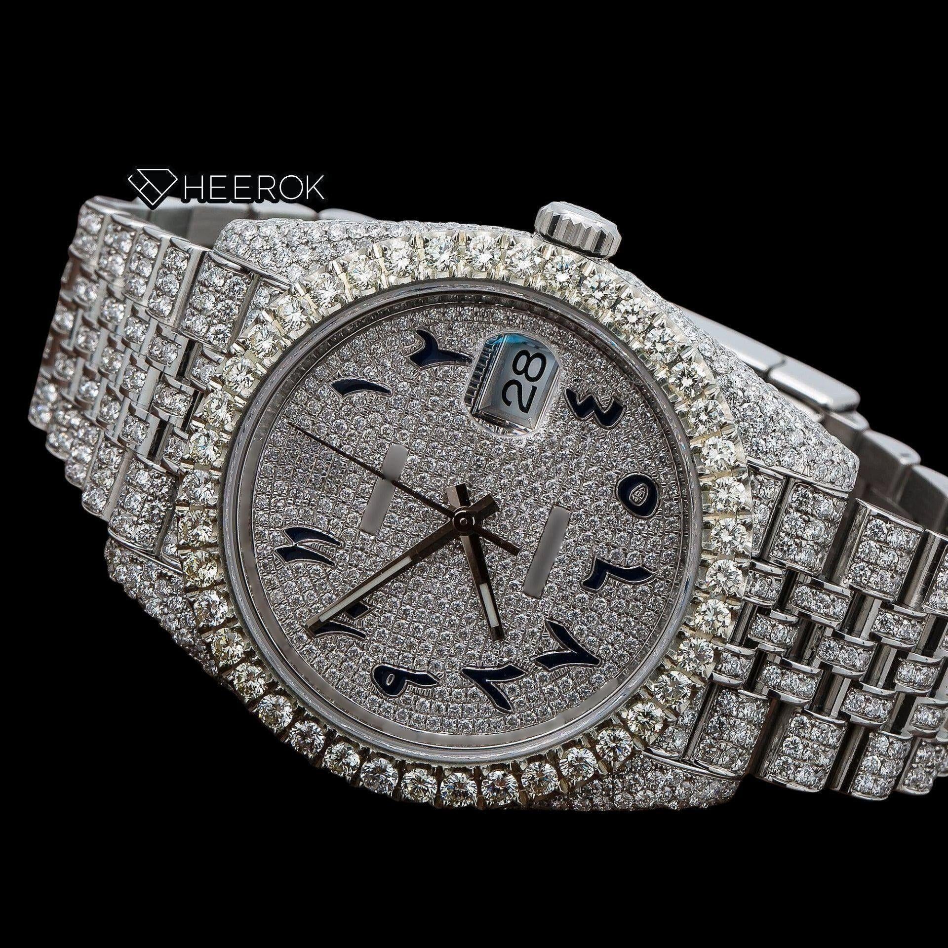 Rolex Datejust Diamond Paved Dial Black Arabic Numerals Diamond Bezel Fully Iced Moissanite Diamond Jubilee Bracelet