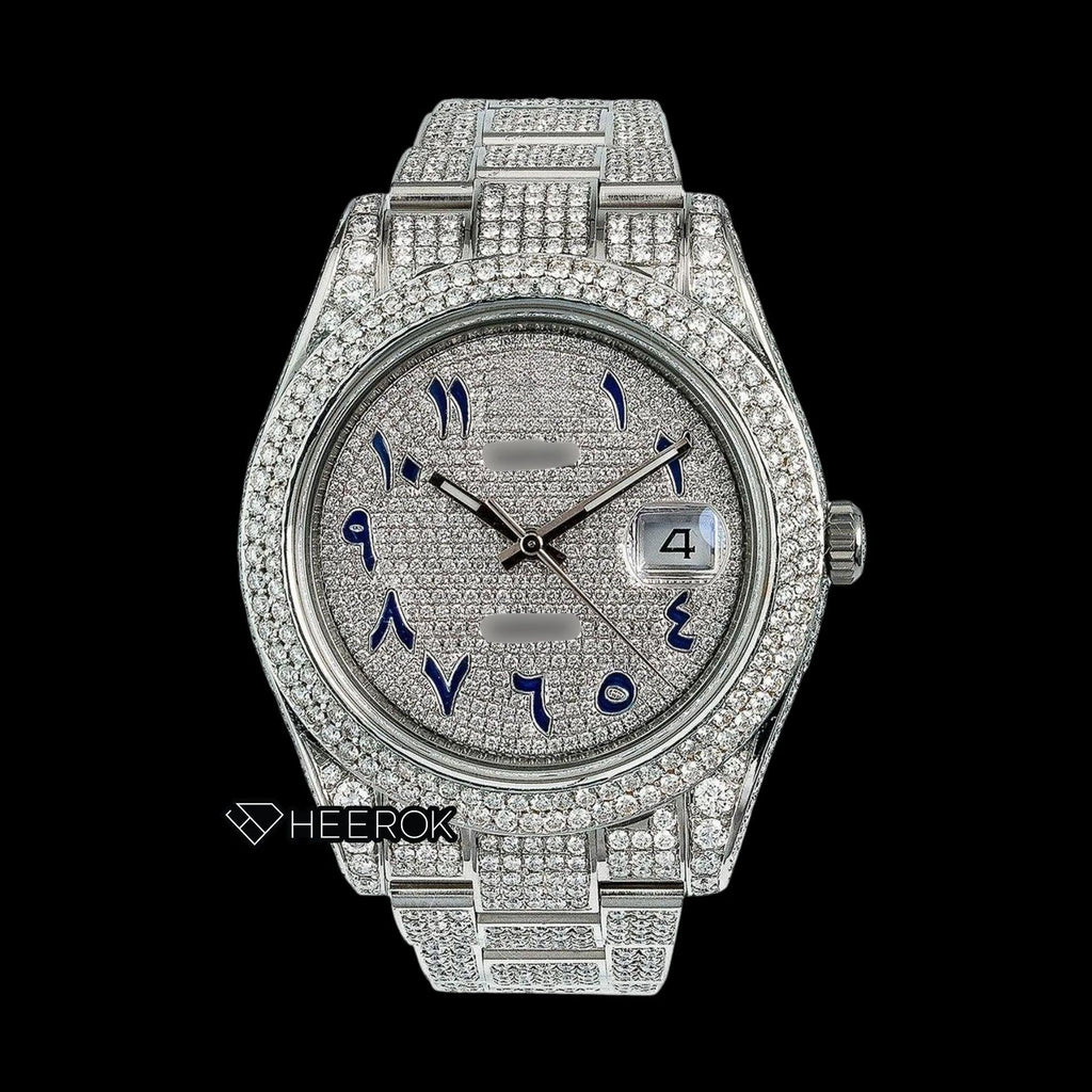 Rolex Datejust Diamond Paved Dial Blue Arabic Numerals Diamond Bezel Bust Down Moissanite Diamond Oyster Bracelet Watch
