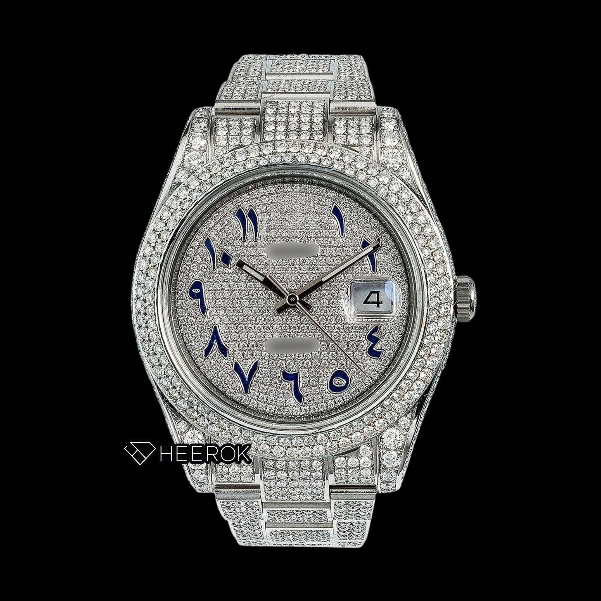 Rolex Datejust Diamond Paved Dial Blue Arabic Numerals Diamond Bezel Bust Down Moissanite Diamond Oyster Bracelet Watch