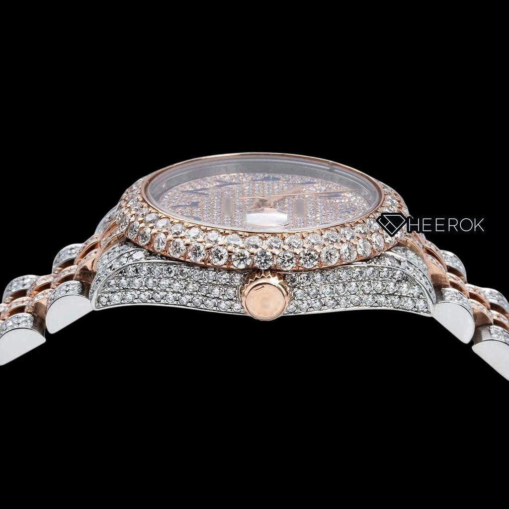 Rolex Datejust Diamond Paved Dial Blue Arabic Numerals Diamond Bezel Two Tone Rose Gold Fully Iced Moissanite Diamond Jubilee Bracelet For Women