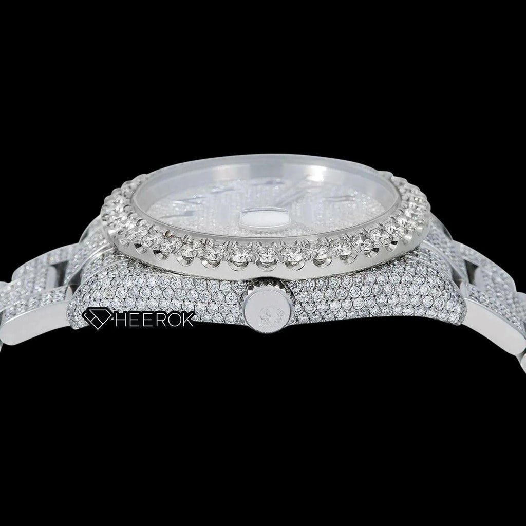 Rolex Datejust Diamond Paved Dial Multicolor Arabic Numerals Diamond Bezel Fully Iced Moissanite Diamond Oyster Bracelet For Women