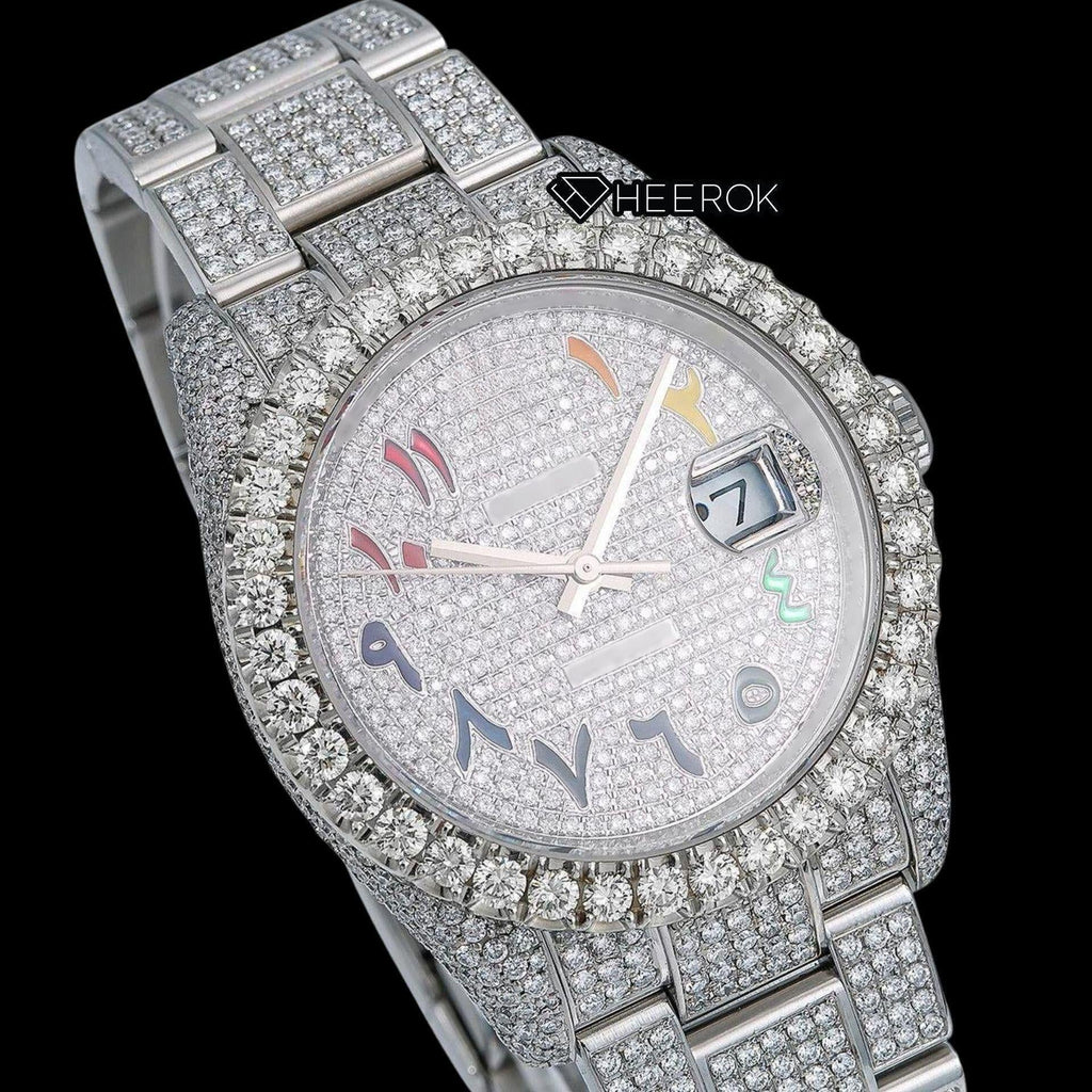 Rolex Datejust Diamond Paved Dial Multicolor Arabic Numerals Diamond Bezel Fully Iced Moissanite Diamond Oyster Bracelet For Women
