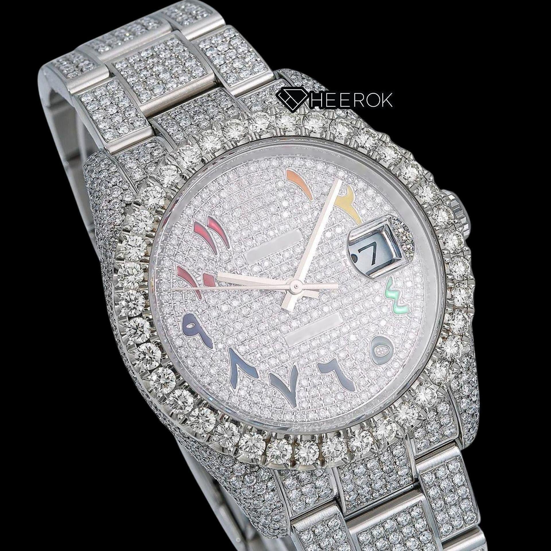 Rolex Datejust Diamond Paved Dial Multicolor Arabic Numerals Diamond Bezel Fully Iced Moissanite Diamond Oyster Bracelet For Women