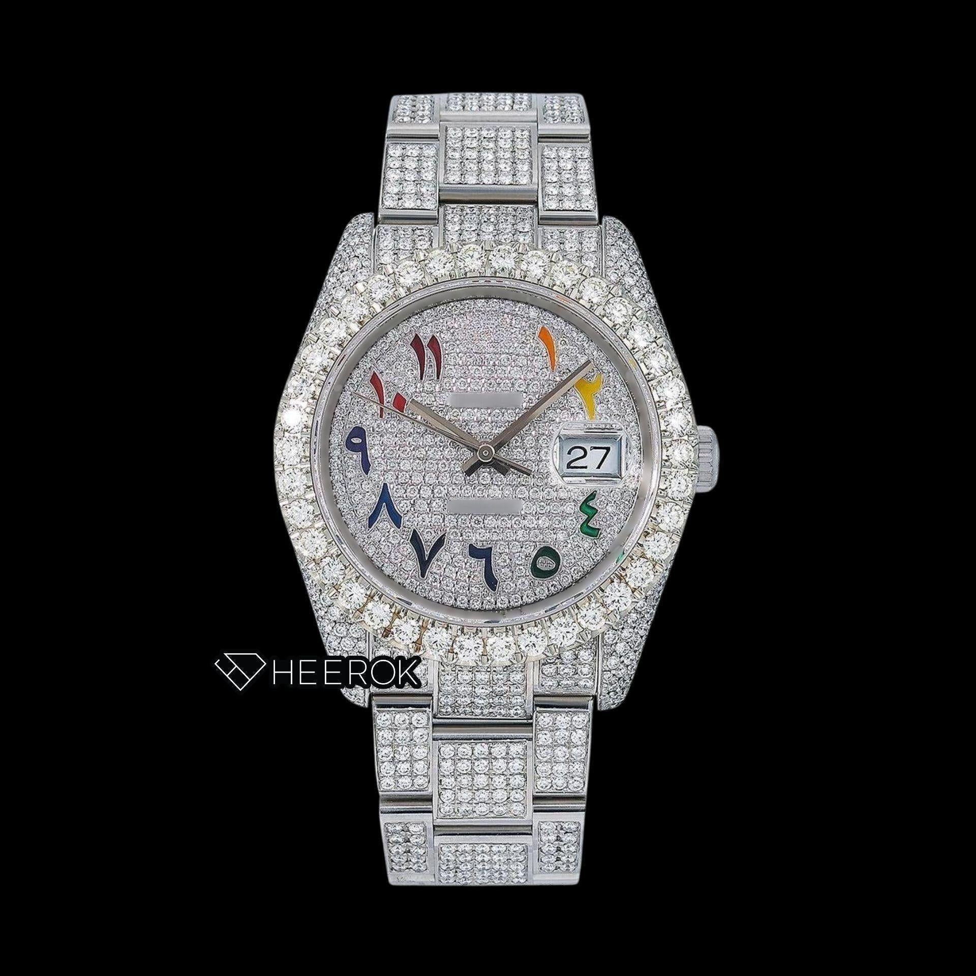 Rolex Datejust Diamond Paved Dial Multicolor Arabic Numerals Diamond Bezel Fully Iced Moissanite Diamond Oyster Bracelet For Women