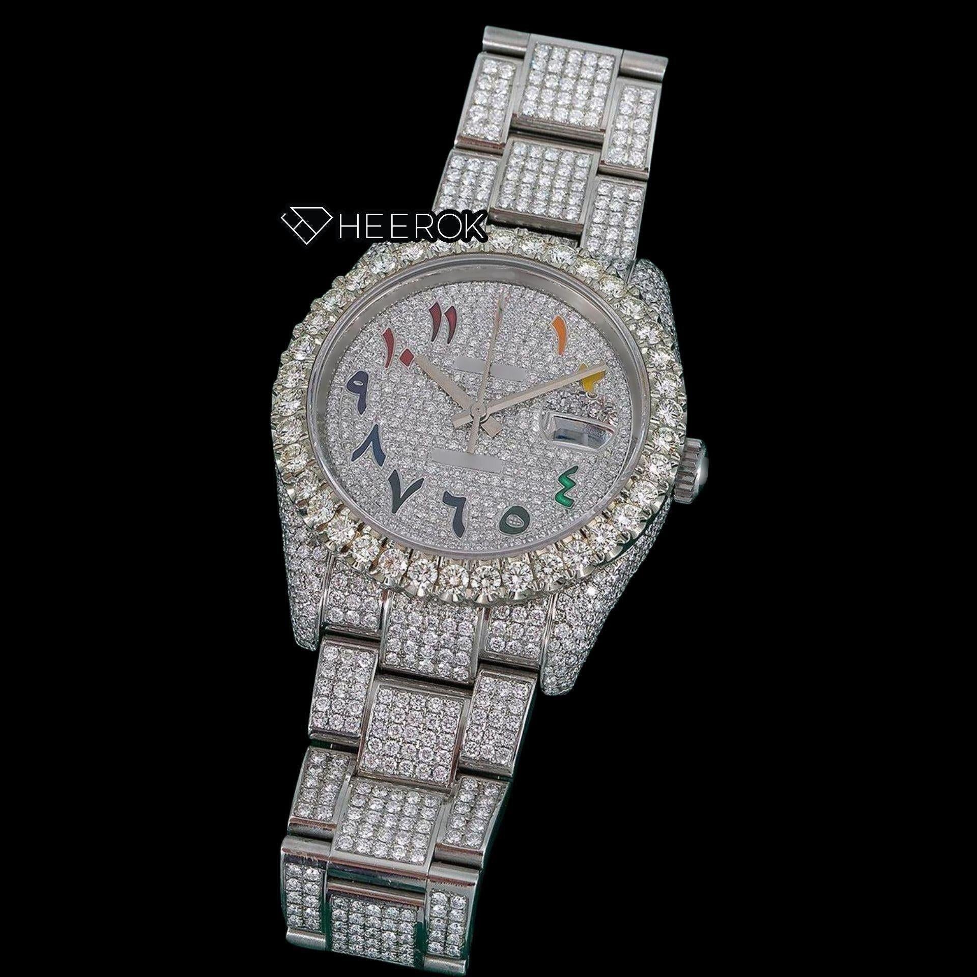 Rolex Datejust Diamond Paved Dial Multicolor Arabic Numerals Diamond Bezel Fully Iced Moissanite Diamond Oyster Bracelet For Women