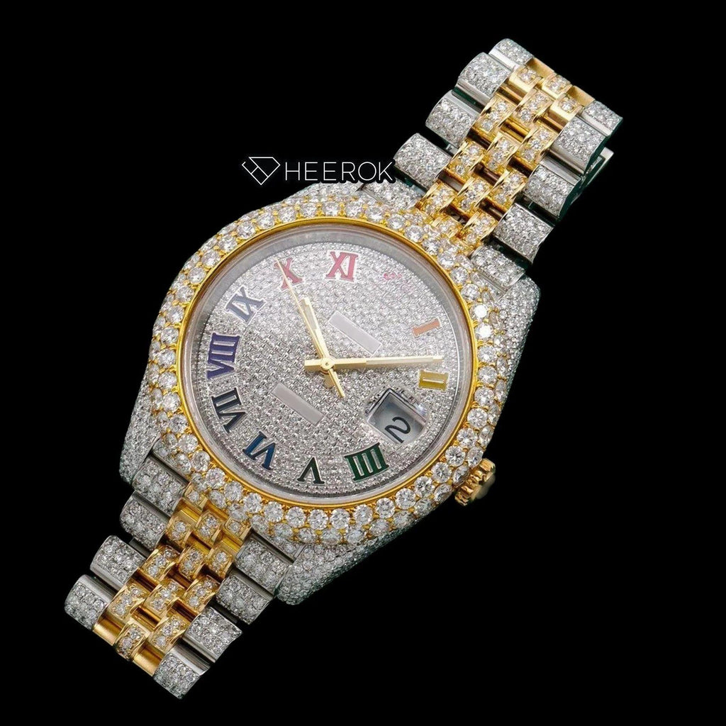 Rolex Datejust Diamond Paved Dial Multicolor Roman Numerals Diamond Bezel Two Tone Yellow Gold Bust Down Moissanite Diamond Jubilee Bracelet