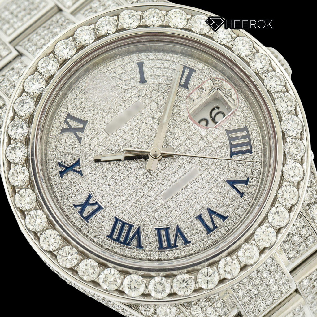 Rolex Datejust Diamond Paved Dial Roman Numerals Diamond Bezel Fully Iced Out Moissanite Diamond Oyster Bracelet Watch