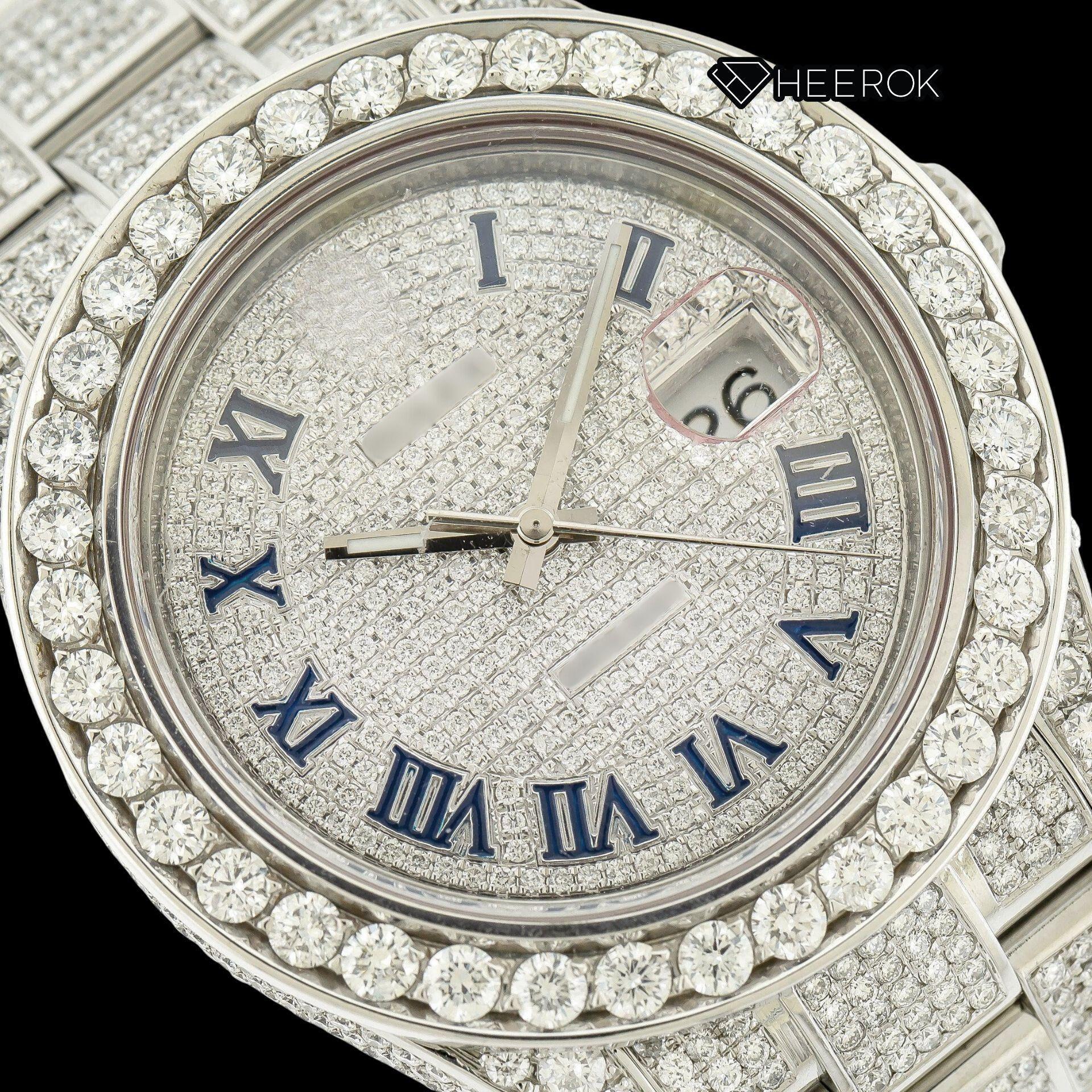 Rolex Datejust Diamond Paved Dial Roman Numerals Diamond Bezel Fully Iced Out Moissanite Diamond Oyster Bracelet Watch