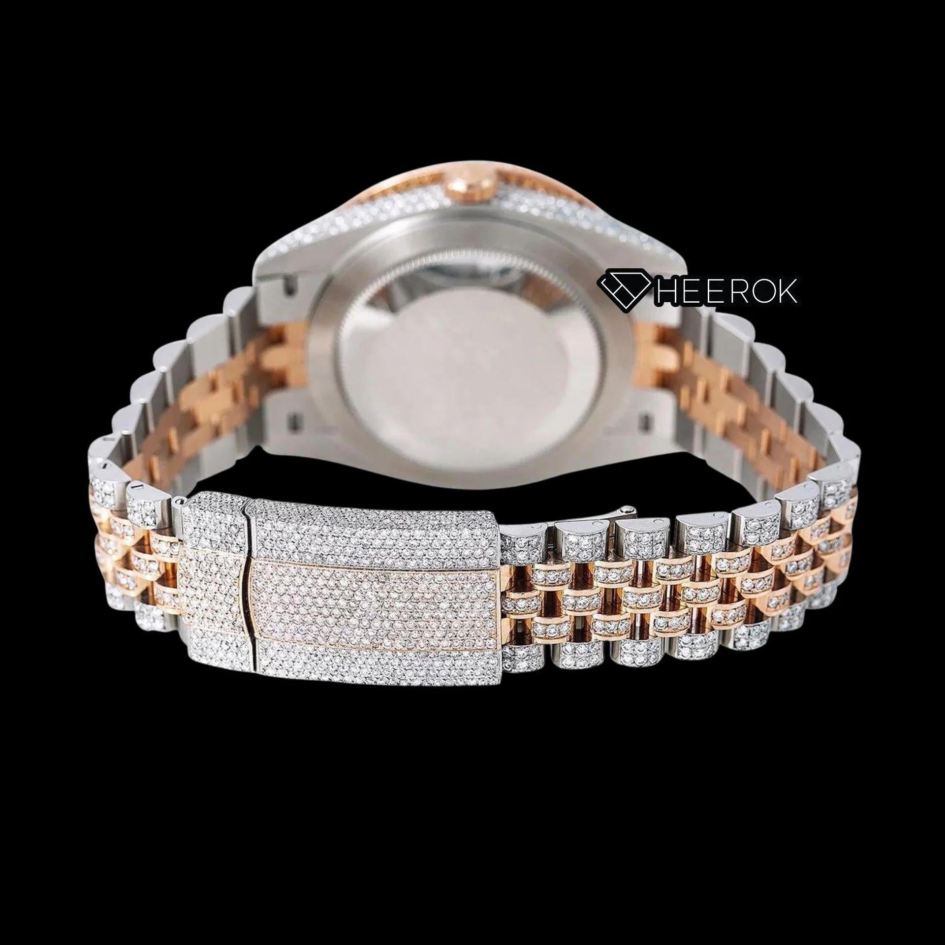 Rolex Datejust Diamond Paved Dial Roman Numerals Large Round Diamond Bezel Two Tone Rose Gold Fully Iced Moissanite Diamond Jubilee Bracelet