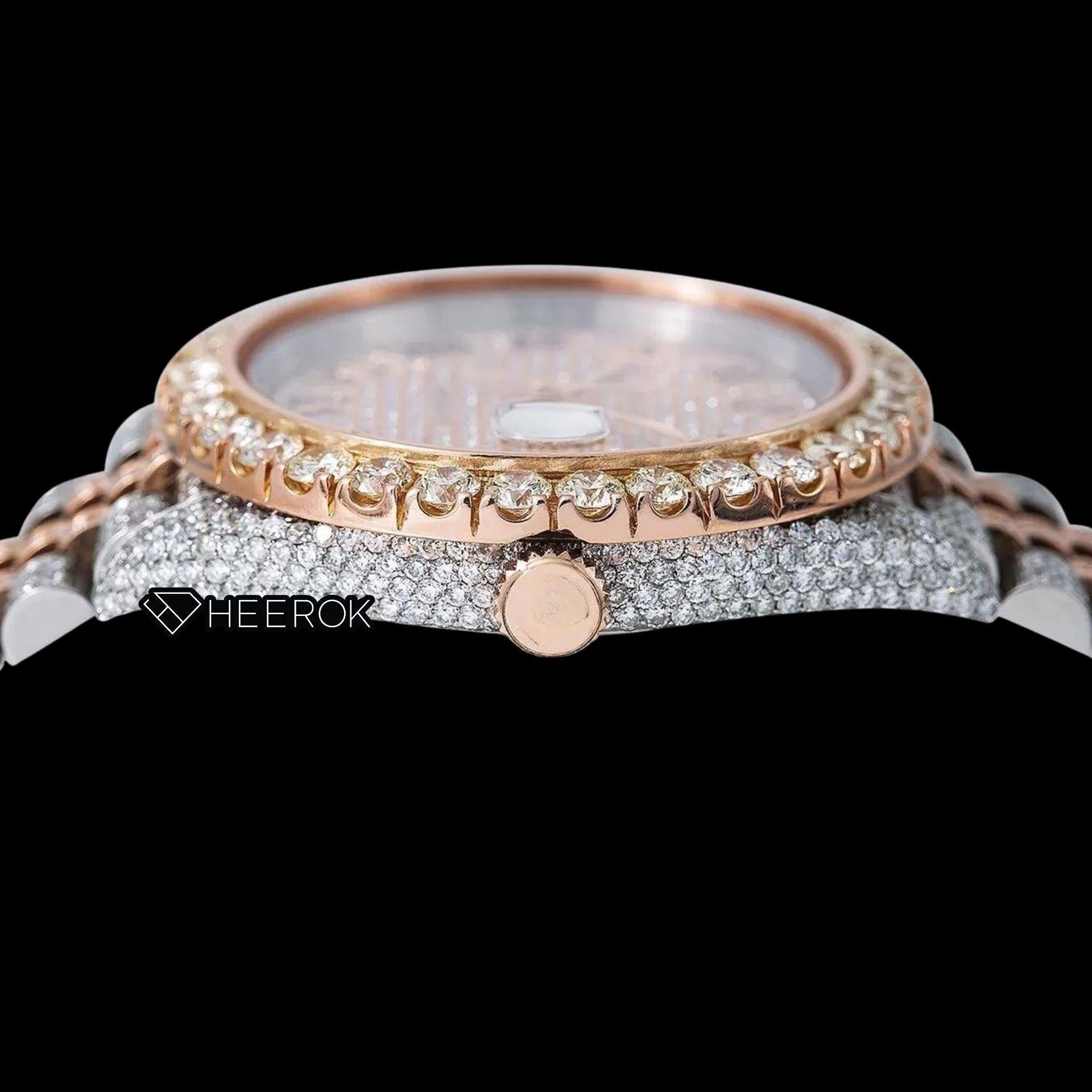 Rolex Datejust Diamond Paved Dial Roman Numerals Large Round Diamond Bezel Two Tone Rose Gold Fully Iced Moissanite Diamond Jubilee Bracelet
