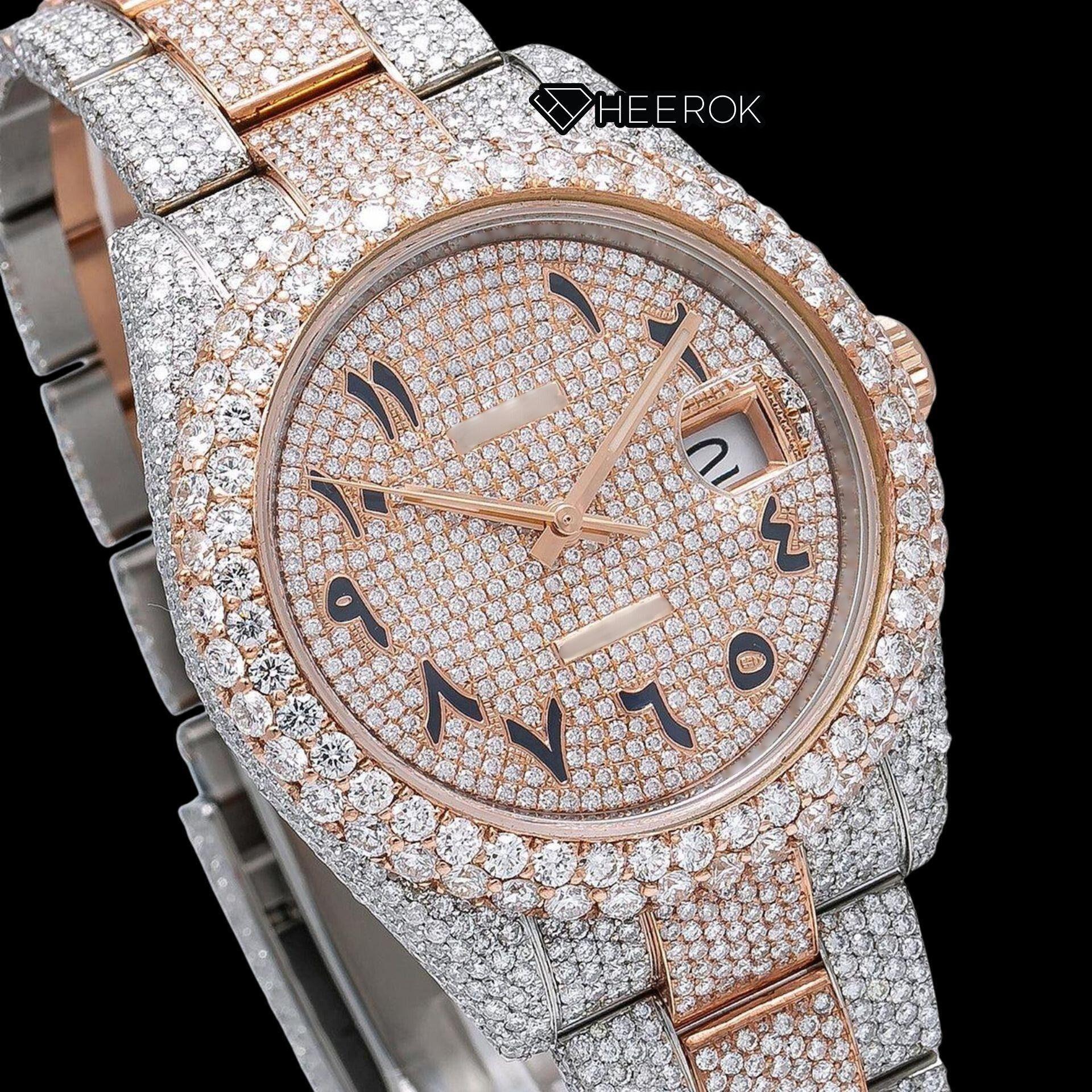 Rolex Datejust Diamond Paved Rose Gold Dial Arabic Numerals Diamond Bezel Two Tone Rose Gold Fully Iced Moissanite Diamond Oyster Bracelet