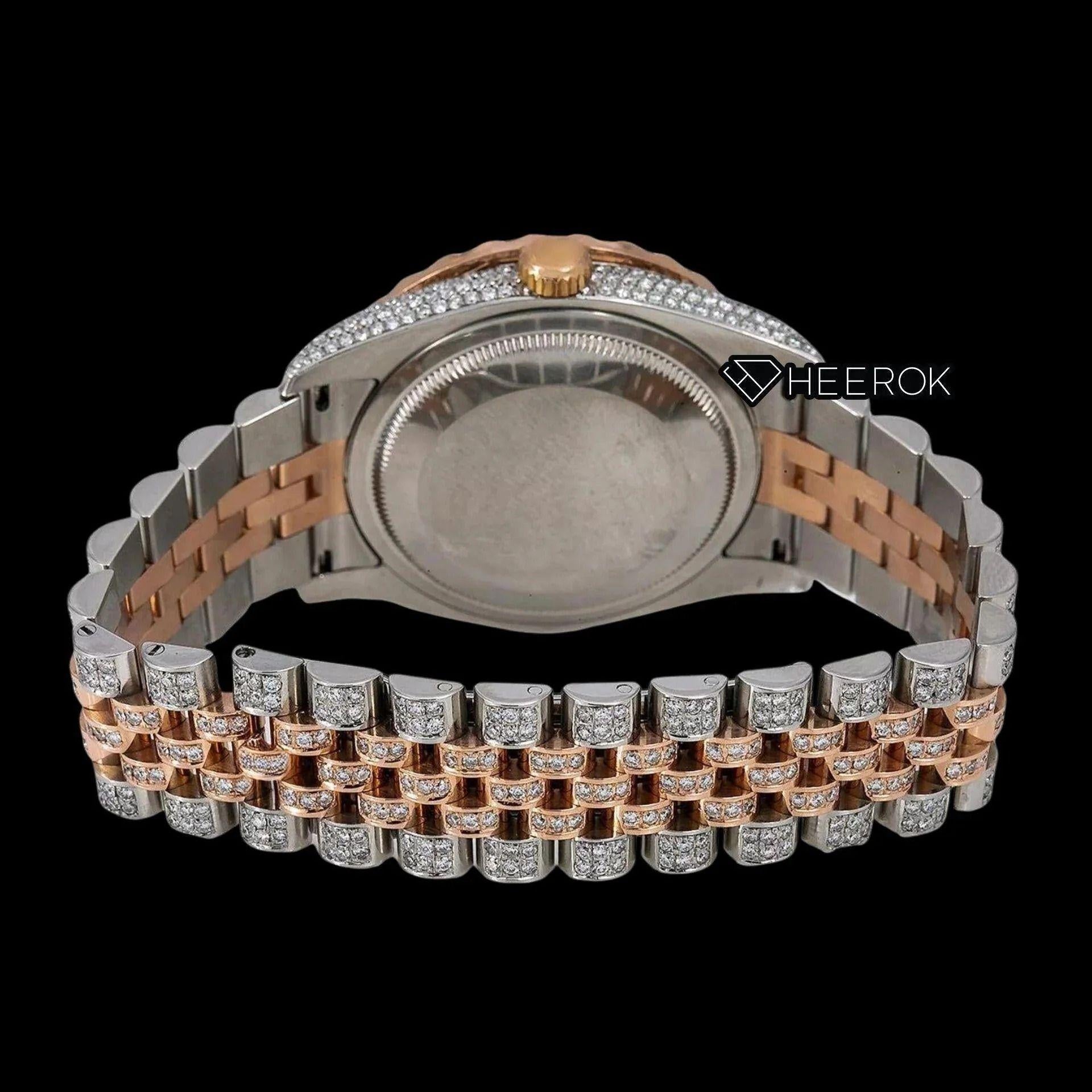 Rolex Datejust Diamond Paved Rose Gold Dial Red Arabic Numerals Diamond Bezel Two Tone Rose Gold Fully Iced Moissanite Diamond Jubilee Bracelet For Women