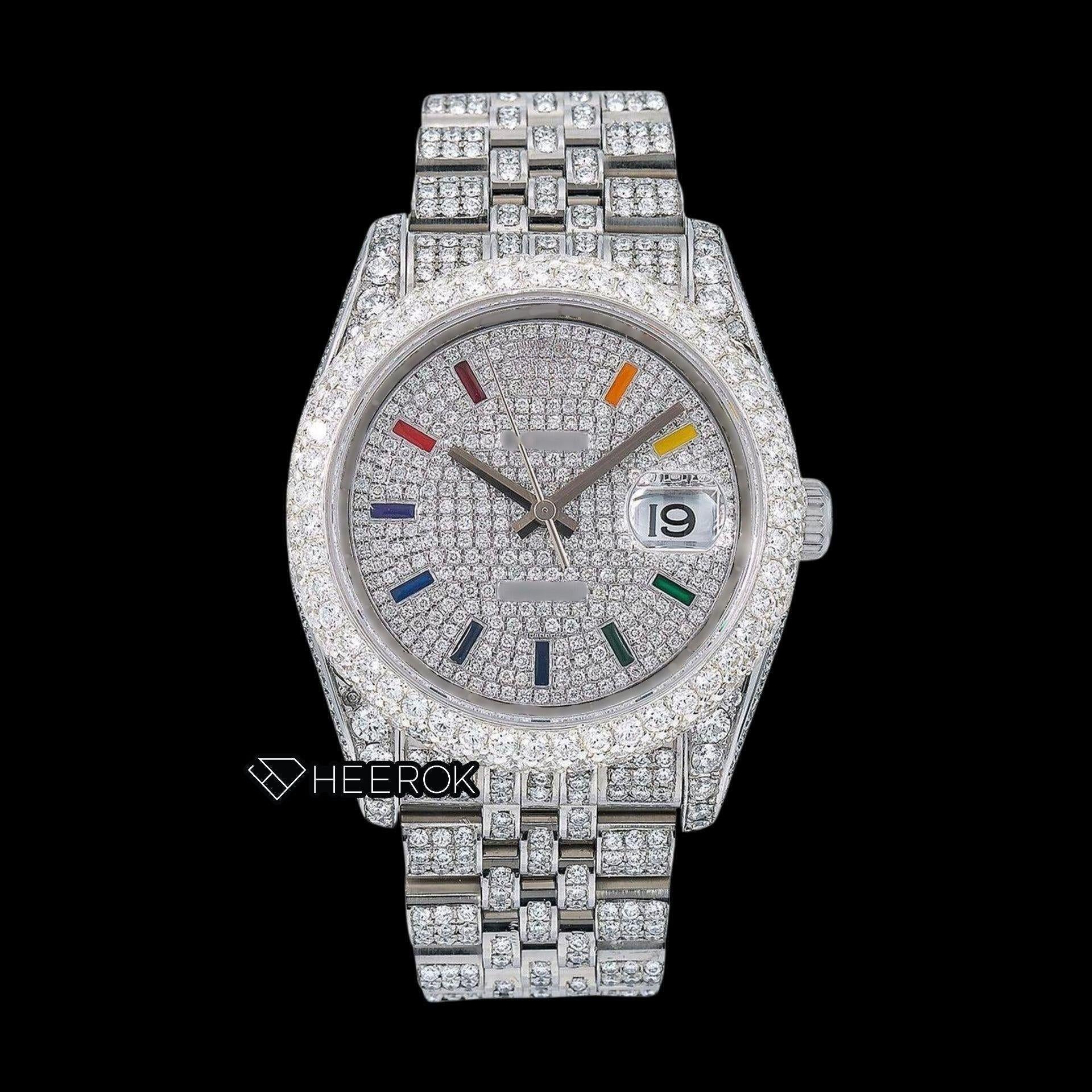 Rolex Datejust Diamond Paved White Dial Multicolor Stick Markers Diamond Bezel Fully Iced Moissanite Diamond Jubilee Bracelet For Women