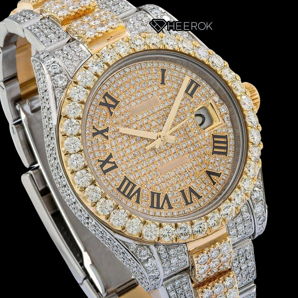 Rolex Datejust Diamond Paved Yellow Dial Roman Numerals Diamond Bezel Two Tone Yellow Gold Bust Down Moissanite Diamond Oyster Bracelet Watch