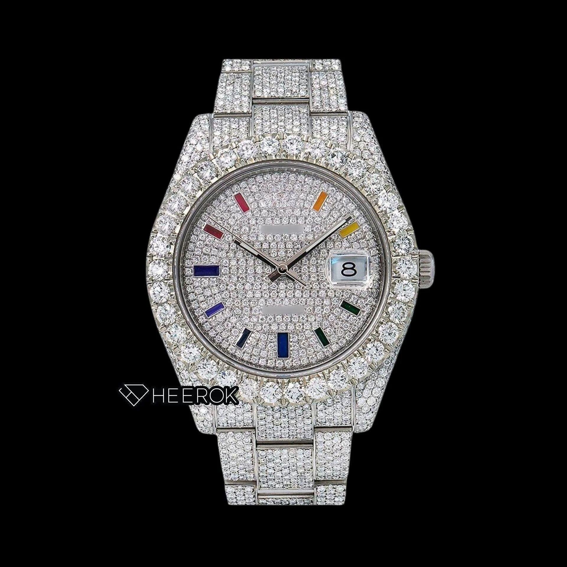Rolex Datejust Full Diamond Paved Dial Multicolor Stick Markers Diamond Bezel Fully Iced Moissanite Diamond Oyster Bracelet
