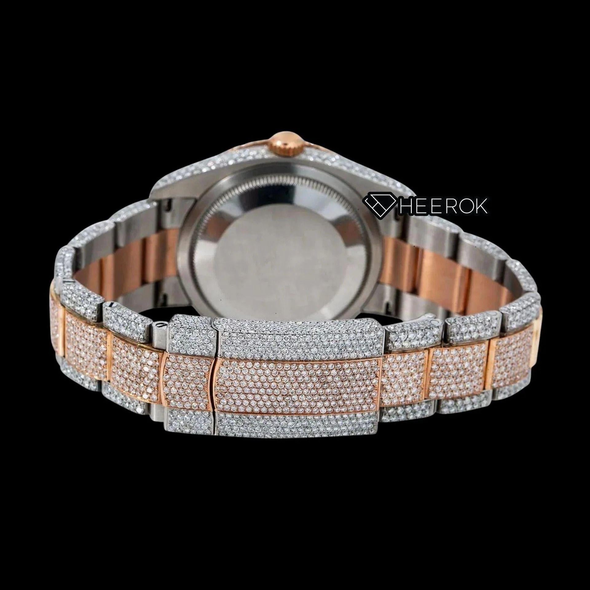Rolex Datejust Full Diamond Paved Dial Red Arabic Numerals Diamond Bezel Two Tone Rose Gold Fully Iced Moissanite Diamond Oyster Bracelet For Women