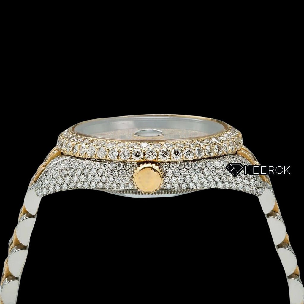 Rolex Datejust Full Pave Yellow Dial Red Arabic Numerals Diamond Bezel Two Tone Yellow Gold Moissanite Diamond Jubilee Bracelet For Women