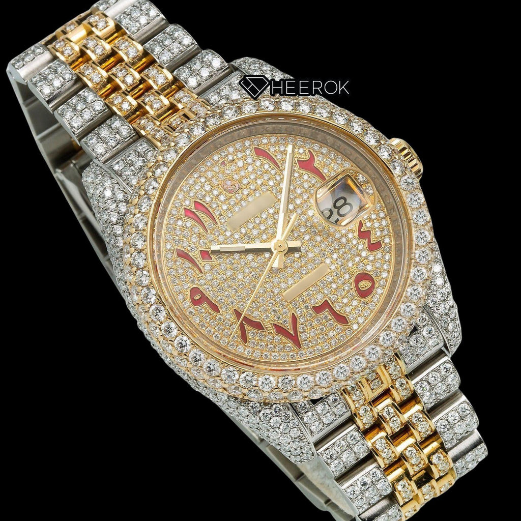 Rolex Datejust Full Pave Yellow Dial Red Arabic Numerals Diamond Bezel Two Tone Yellow Gold Moissanite Diamond Jubilee Bracelet For Women