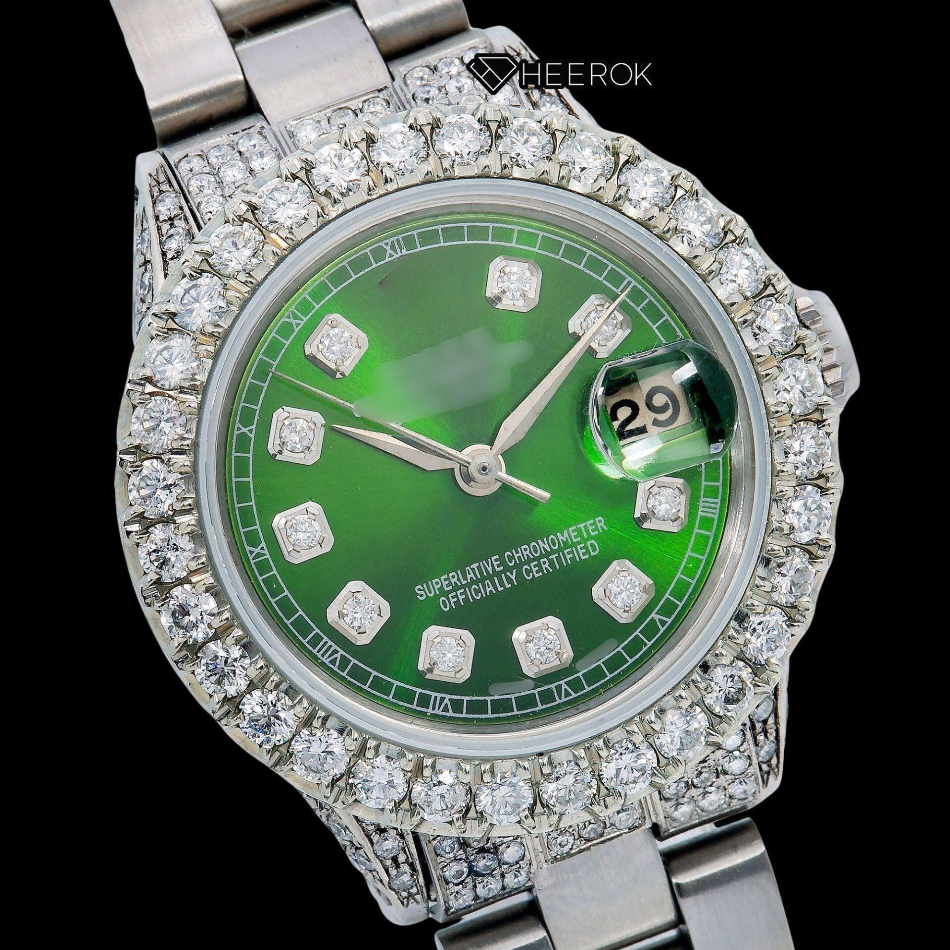 Rolex Datejust Green Dial Diamond Markers Diamond Bezel Semi Iced Moissanite Diamond Oyster Bracelet For Women