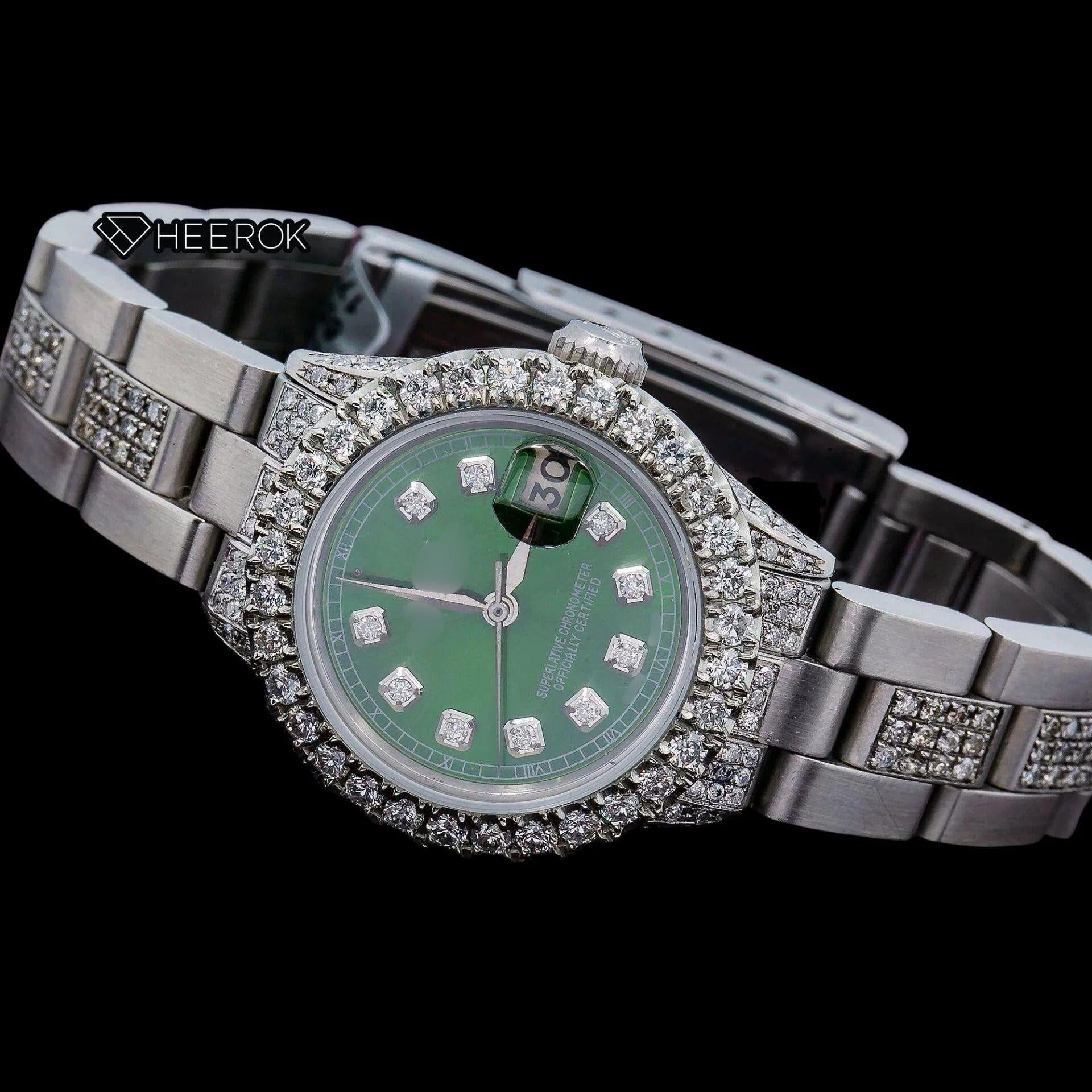 Rolex Datejust Green Dial Diamond Markers Diamond Bezel Semi Iced Moissanite Diamond Oyster Bracelet For Women